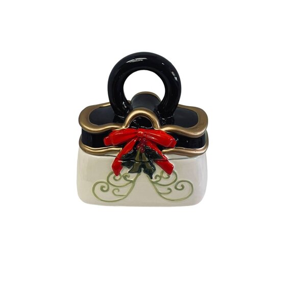 Davids Cookies Christmas Themed Purse Cookie Jar Bow & Holly Red Gold & Black - Picture 1 of 7